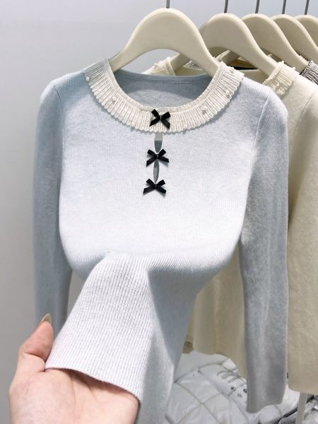  A787-Áo Len Dài Tay Đính Cườm Phối Ren Kiểu Pháp 