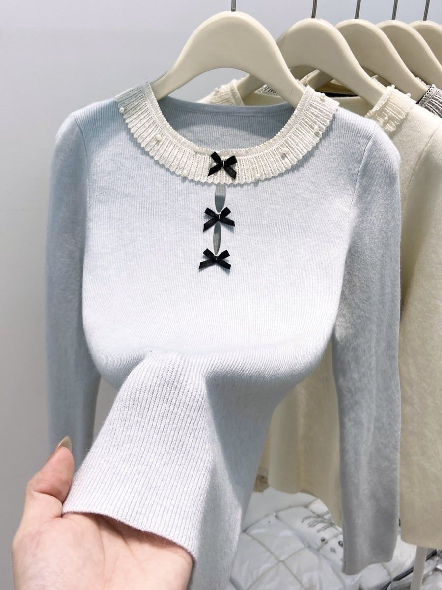  A787-Áo Len Dài Tay Đính Cườm Phối Ren Kiểu Pháp 