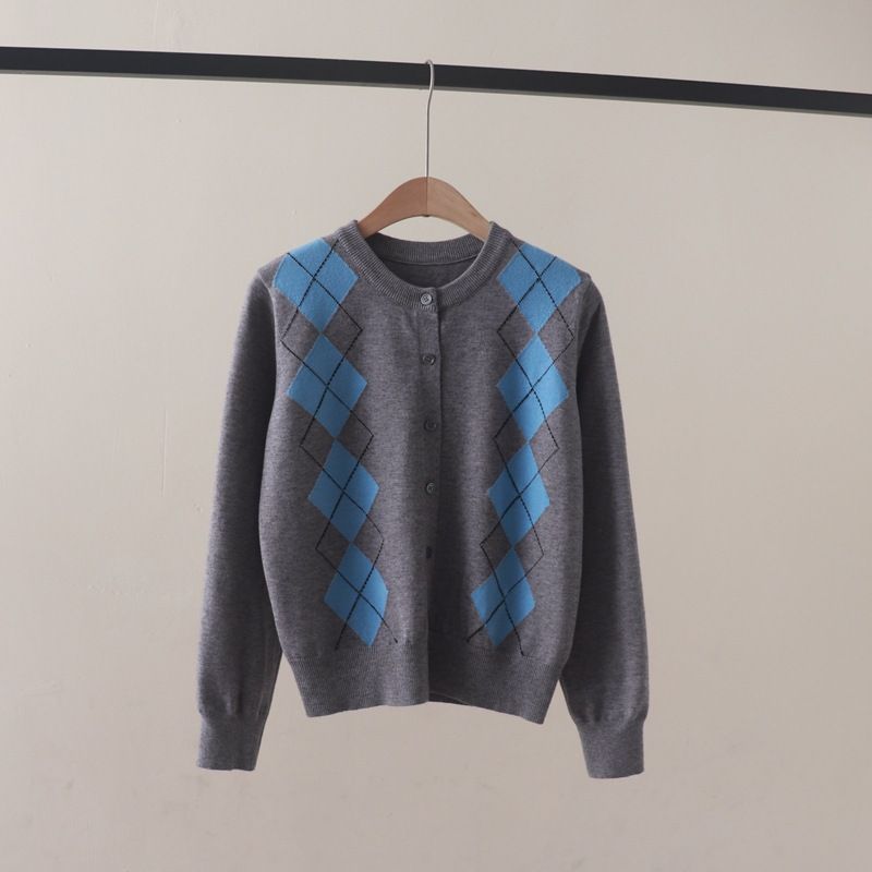  A792-Áo Len Dài Tay Họa Tiết Hình Thoi Mùa Thu 