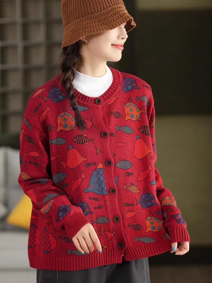  A768-Áo Len Dệt Kim Cardigan Cá Hoạt Họa Mùa Thu 