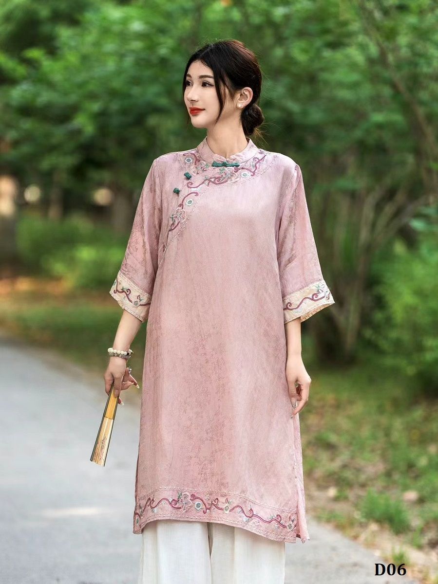  D06-Đầm Ramie Dệt Lụa Họa Tiết Thêu Hoa Cổ Điển Thanh Lịch 