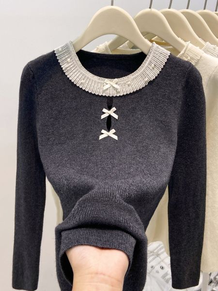  A787-Áo Len Dài Tay Đính Cườm Phối Ren Kiểu Pháp 