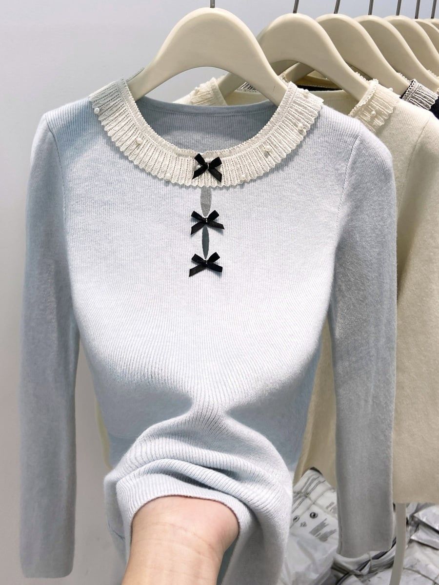  A787-Áo Len Dài Tay Đính Cườm Phối Ren Kiểu Pháp 