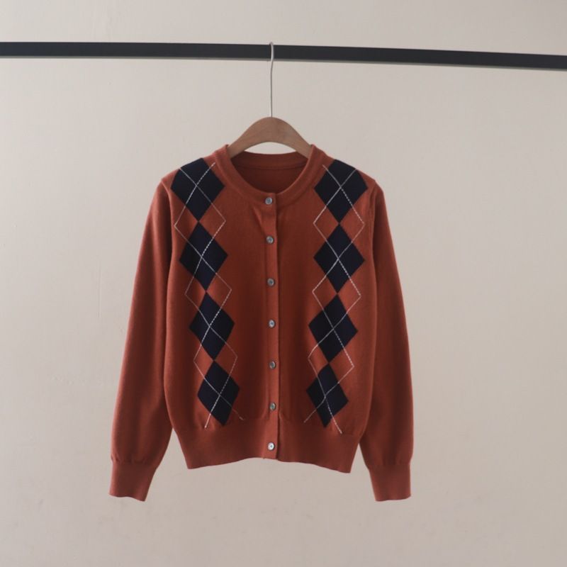  A792-Áo Len Dài Tay Họa Tiết Hình Thoi Mùa Thu 