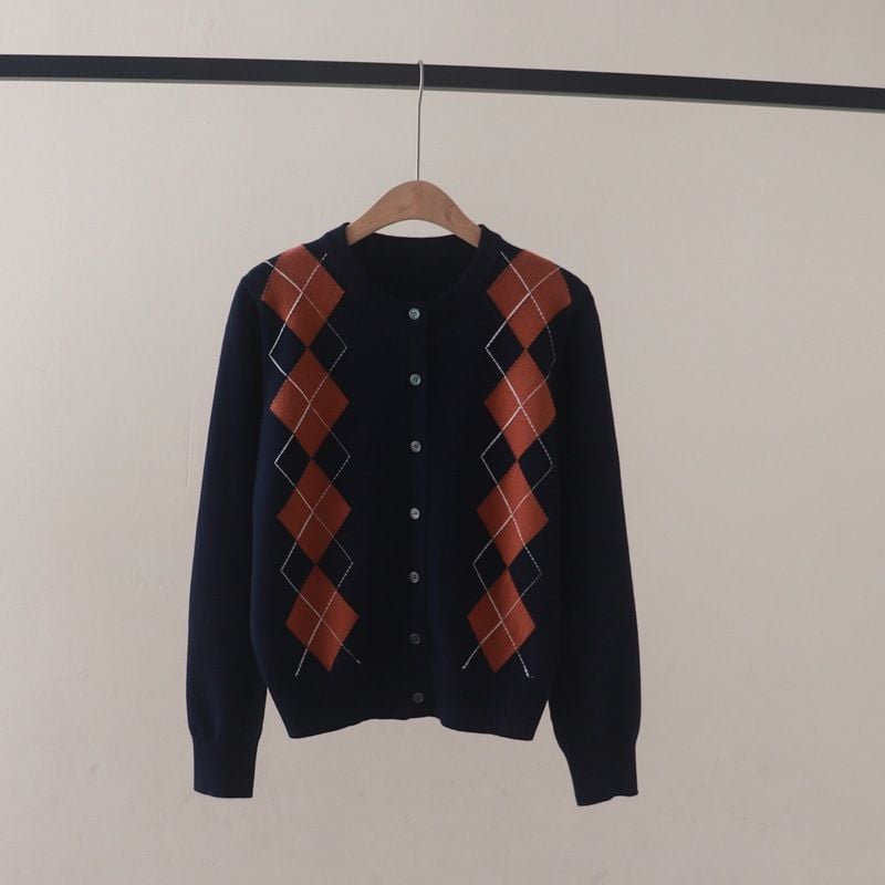  A792-Áo Len Dài Tay Họa Tiết Hình Thoi Mùa Thu 