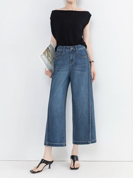  Q299-Quần Jeans Ống Suông Sườn Cách Điệu 9 Tấc 