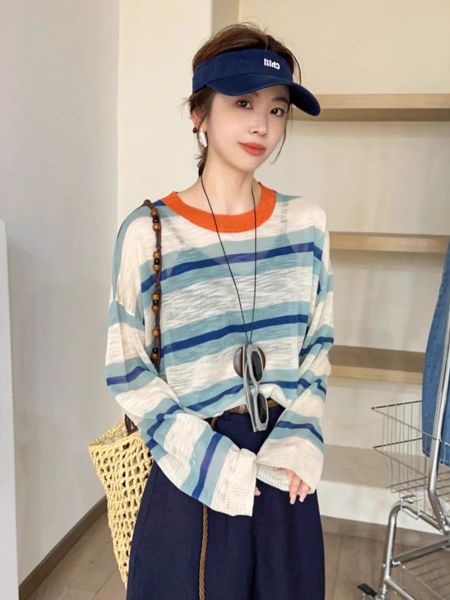  A697-Áo Len Lụa Băng Dài Tay Kẻ Sọc Rộng Rãi 