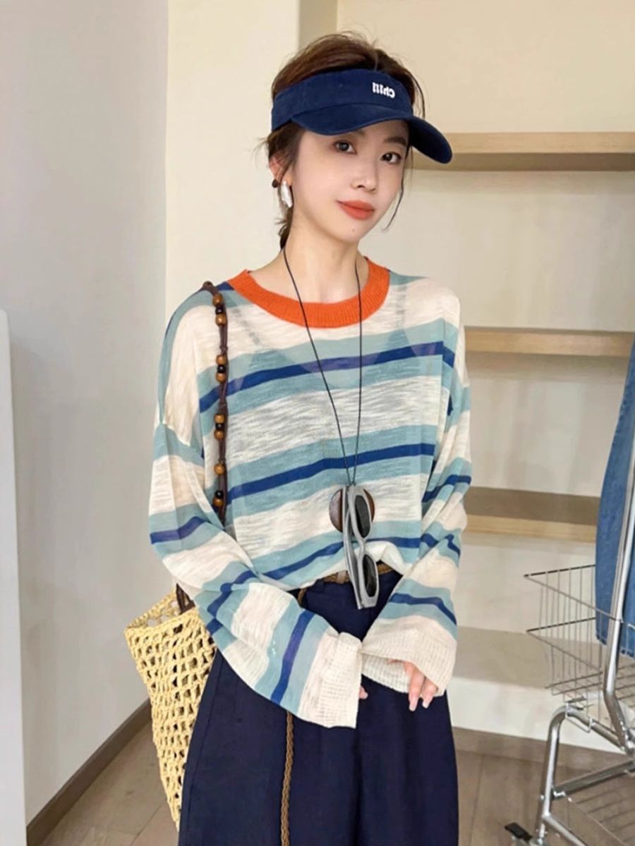  A697-Áo Len Lụa Băng Dài Tay Kẻ Sọc Rộng Rãi 