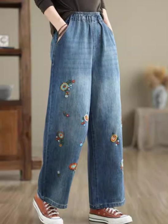  Q176-Quần Jeans Ống Suông Thêu Hoa Lưng Thun 9 Tấc 