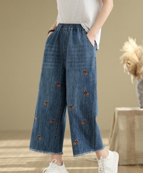  Q192-Quần Jeans Ống Suông Thêu Ong Lưng Thun 9 Tấc 