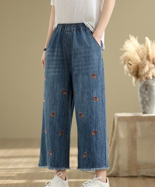  Q192-Quần Jeans Ống Suông Thêu Ong Lưng Thun 9 Tấc 