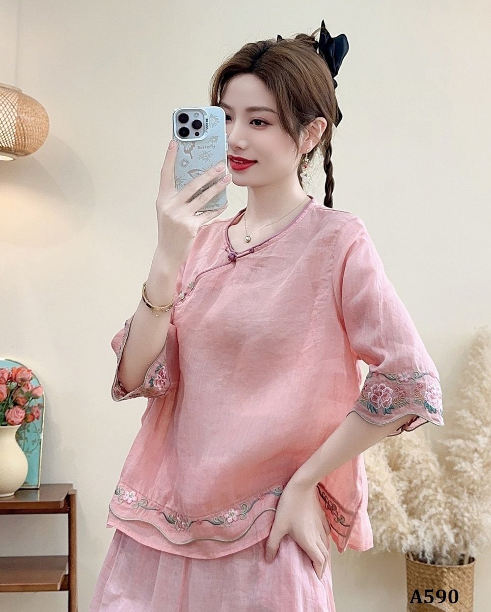  A590-Áo Ramie Nút Xiên Thêu Hoa Nghệ Thuật 
