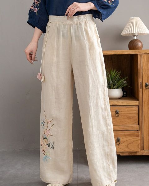  Q239-Quần Ramie Ống Rộng Thêu Hoa Nghệ Thuật 