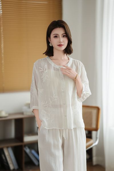  A680-Áo Ramie Thêu Hoa Lá Thanh Lịch Cổ Điển 