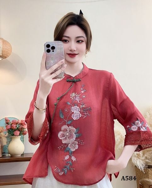  A584-Áo Ramie Thêu Hoa Nút Xiên Nghệ Thuật 