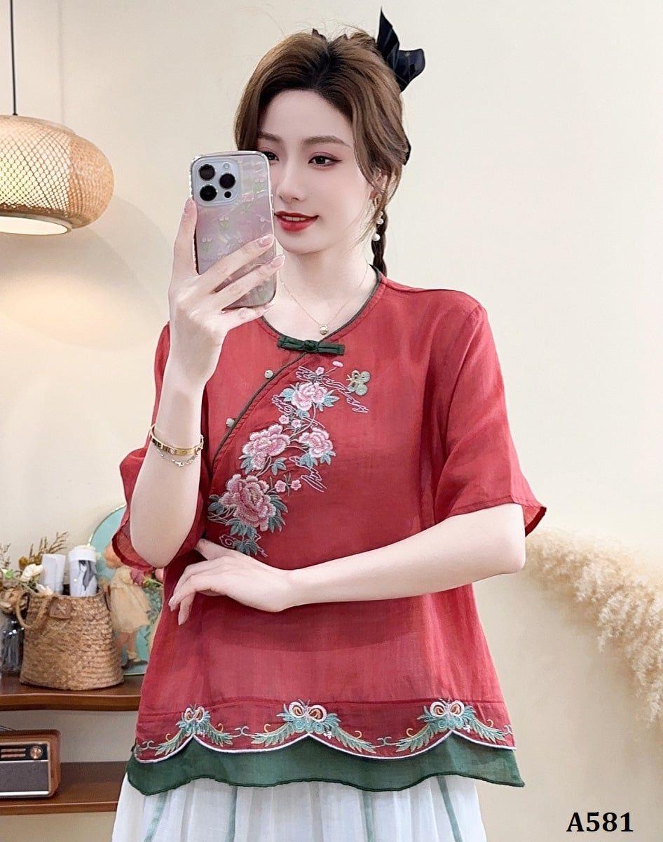  A581-Áo Ramie Thêu Hoa Thêu Lai Nghệ Thuật 