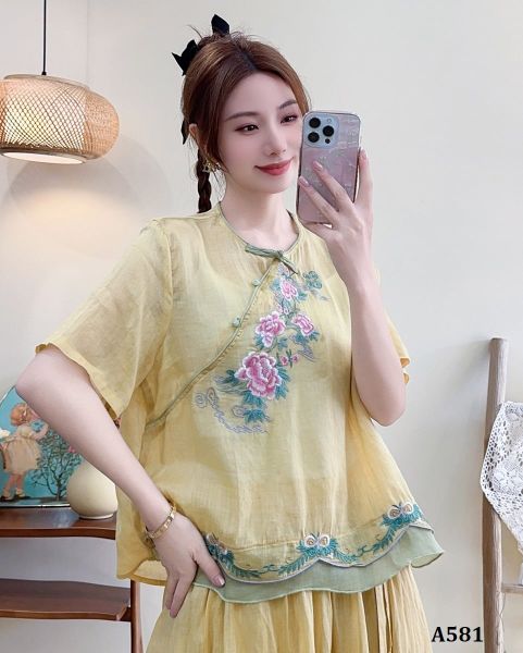  A581-Áo Ramie Thêu Hoa Thêu Lai Nghệ Thuật 