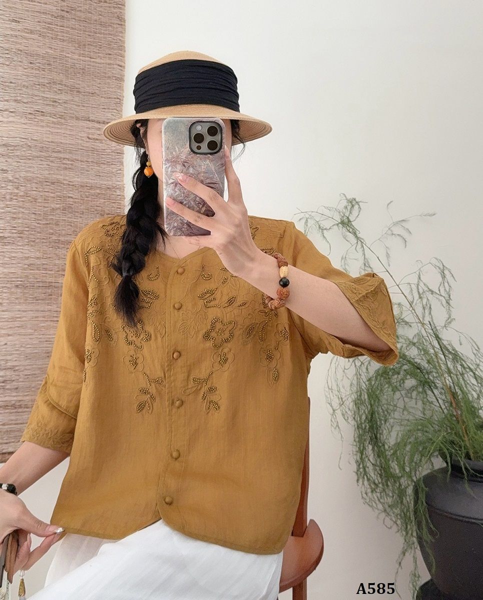  A585-Áo Ramie Thêu Hoa Thêu Tay Nghệ Thuật 