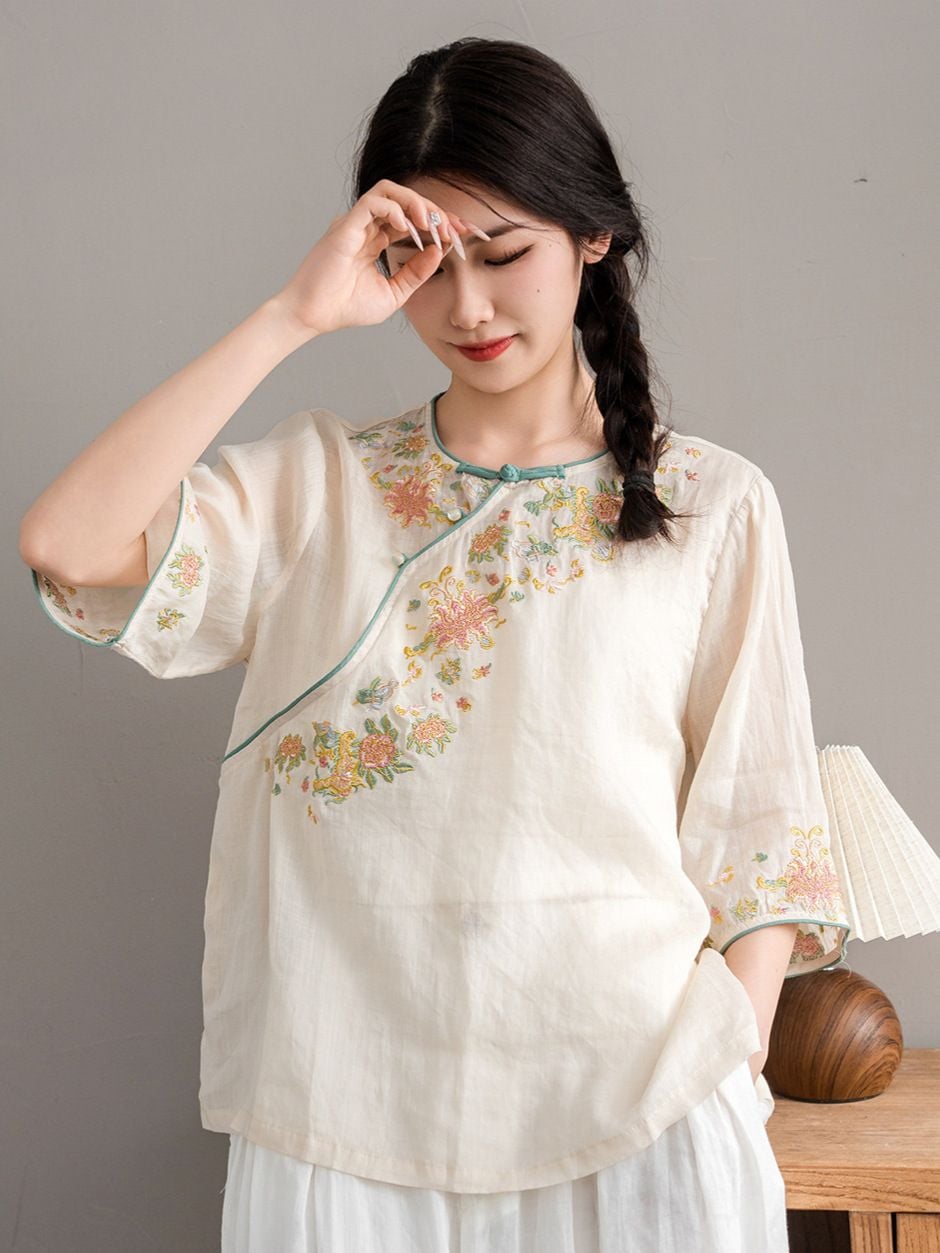  A602-Áo Ramie Thêu Hoa Nút Xiên Thanh Lịch Cổ Điển 