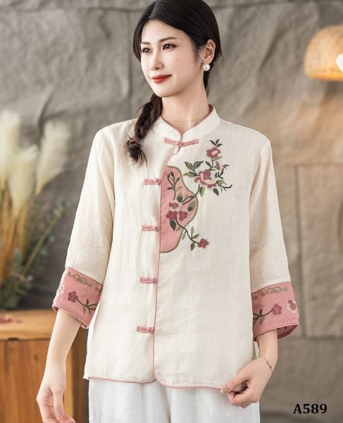  A589-Áo Ramie Cổ Đứng Thêu Hoa Phối Màu Nghệ Thuật Cổ Điển 
