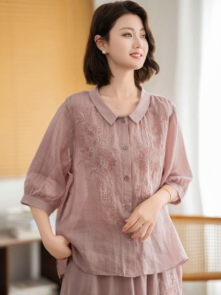  A679-Áo Ramie Thêu Hoa Đối Xứng Nghệ Thuật Thanh Lịch Cổ Điển 