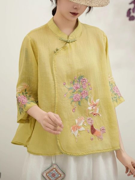  A648-Áo Ramie Thêu Hoa Song Ngư 