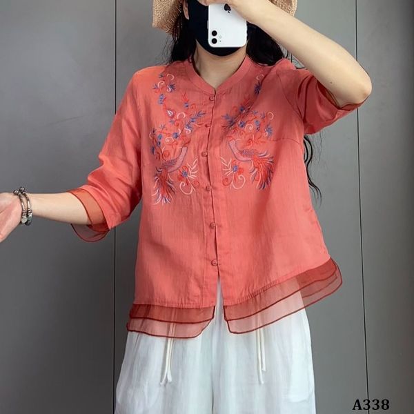  A338-Áo Ramie Thêu Phượng Hoàng 