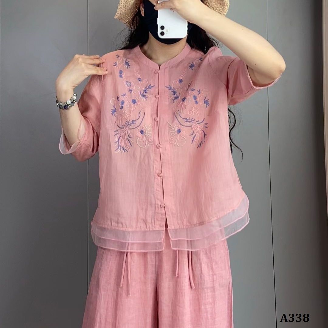  A338-Áo Ramie Thêu Phượng Hoàng 