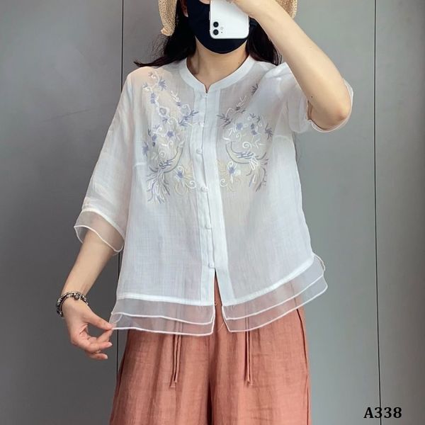  A338-Áo Ramie Thêu Phượng Hoàng 