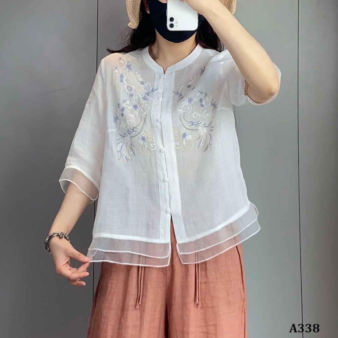  A338-Áo Ramie Thêu Phượng Hoàng 