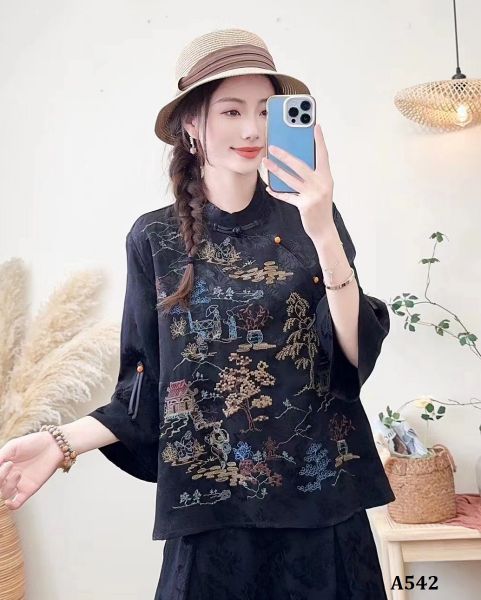  A542-Áo Ramie Lụa Thêu Phong Cảnh 