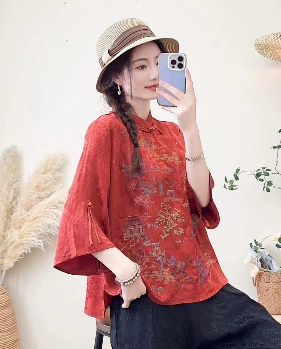  A542-Áo Ramie Lụa Thêu Phong Cảnh 