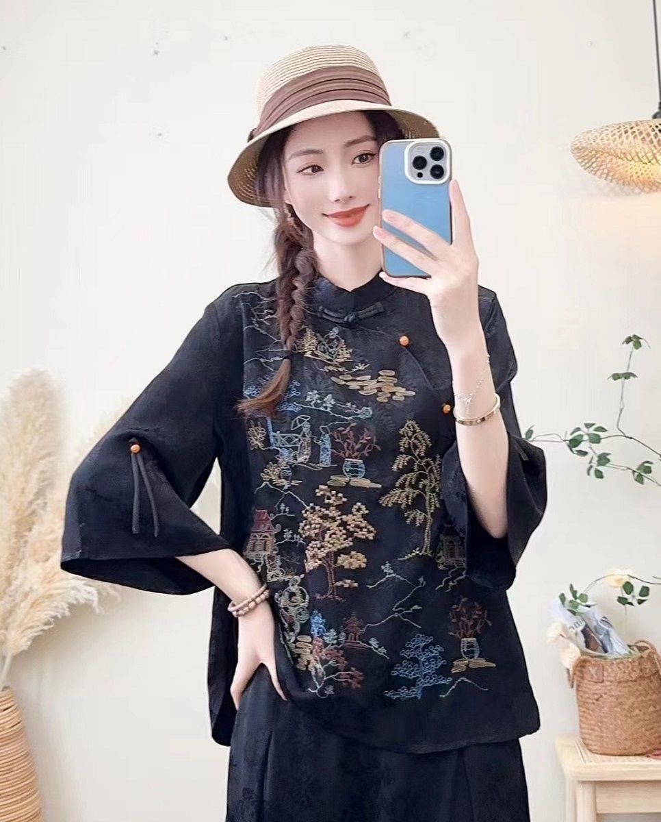  A542-Áo Ramie Lụa Thêu Phong Cảnh 