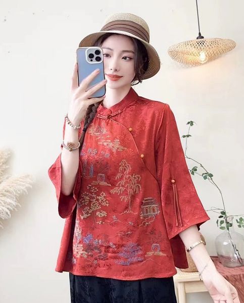  A542-Áo Ramie Lụa Thêu Phong Cảnh 