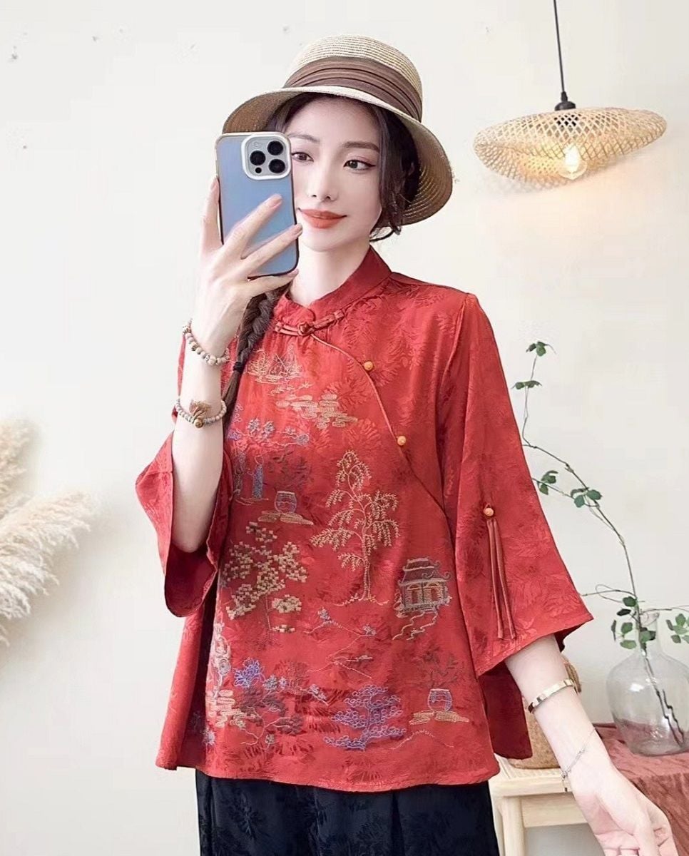  A542-Áo Ramie Lụa Thêu Phong Cảnh 