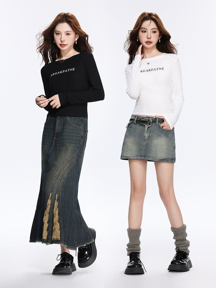  A508-Áo Thun Lụa Dài Tay Vai Kiểu In Chữ 