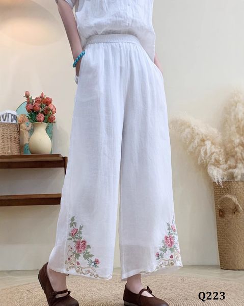  Q223-Quần Ramie Ống Rộng Thêu Hoa 