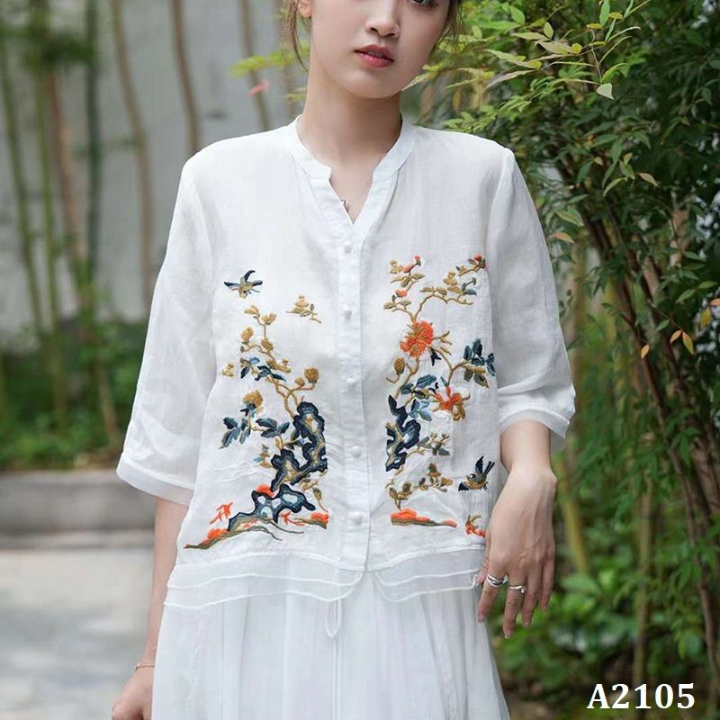  A2105-Áo Ramie Cổ V Thêu Phong Cảnh Nghệ Thuật 