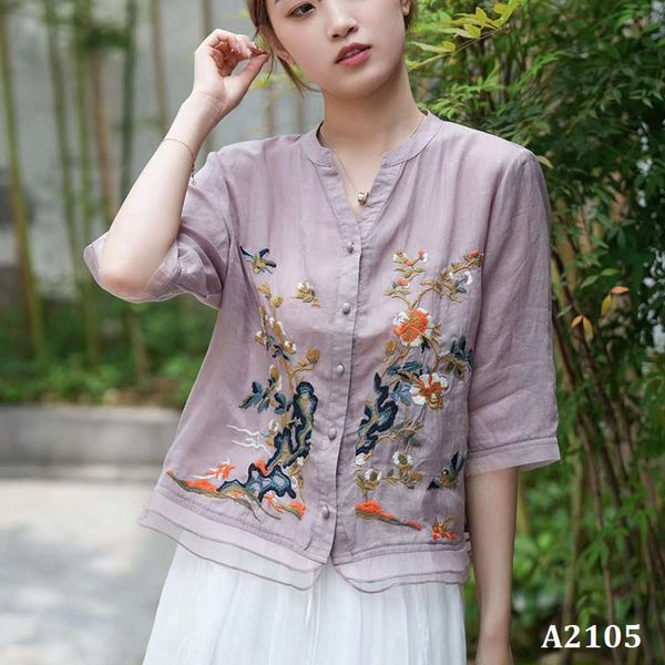  A2105-Áo Ramie Cổ V Thêu Phong Cảnh Nghệ Thuật 