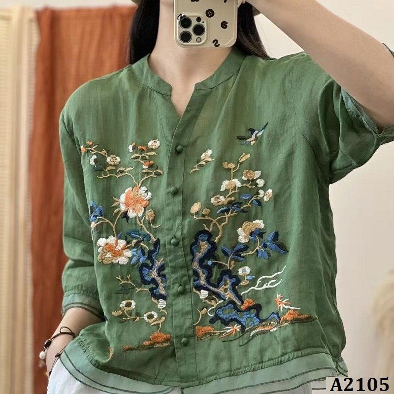  A2105-Áo Ramie Cổ V Thêu Phong Cảnh Nghệ Thuật 