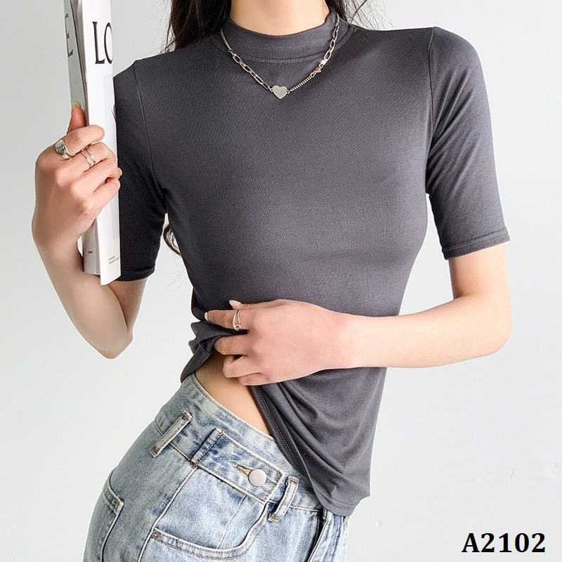  A2102-Áo Thun Lụa Cổ Đứng Tay Ngắn 