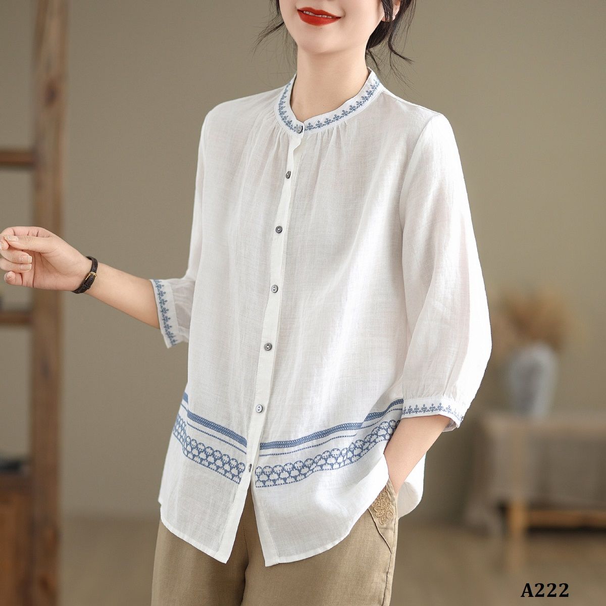  A222-Áo Ramie Viền Thêu Phối Màu 