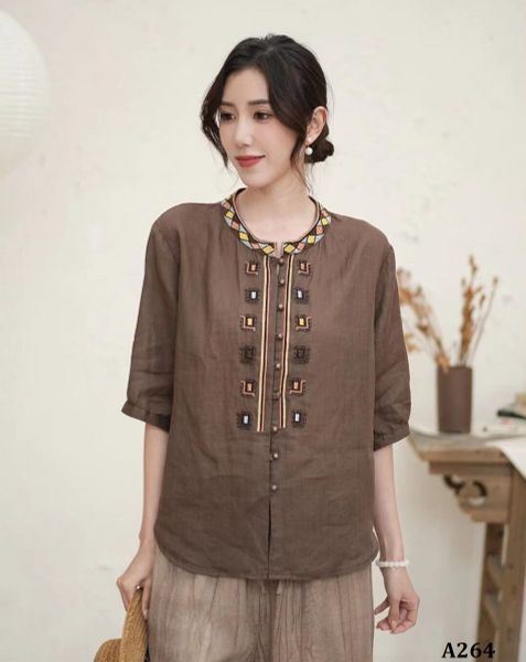  A264-Áo Ramie Thêu Nghệ Thuật Đối Xứng 