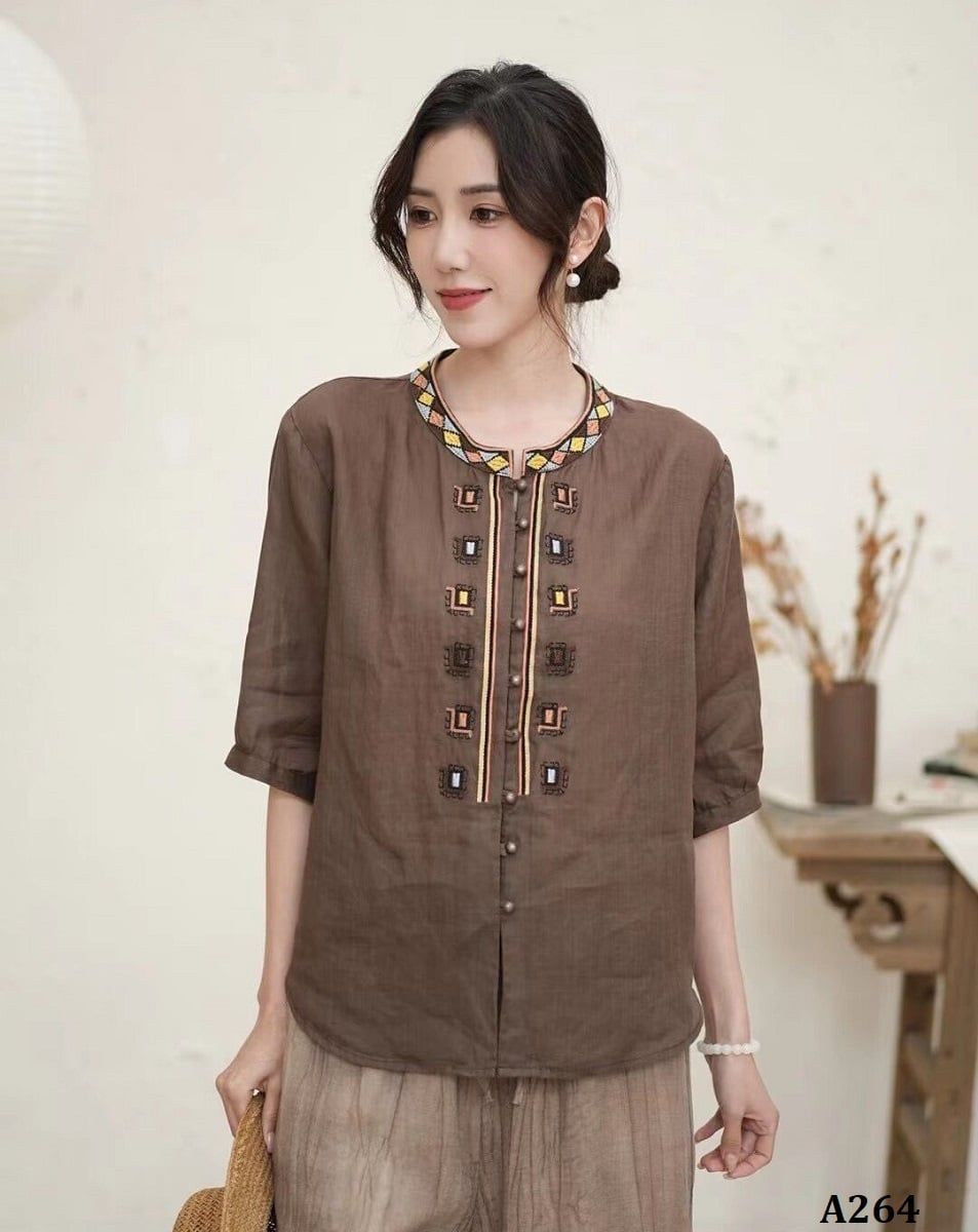  A264-Áo Ramie Thêu Nghệ Thuật Đối Xứng 
