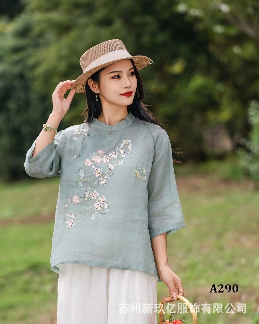  A290-Áo Ramie Thêu Hoa Cổ Lãnh Tụ 