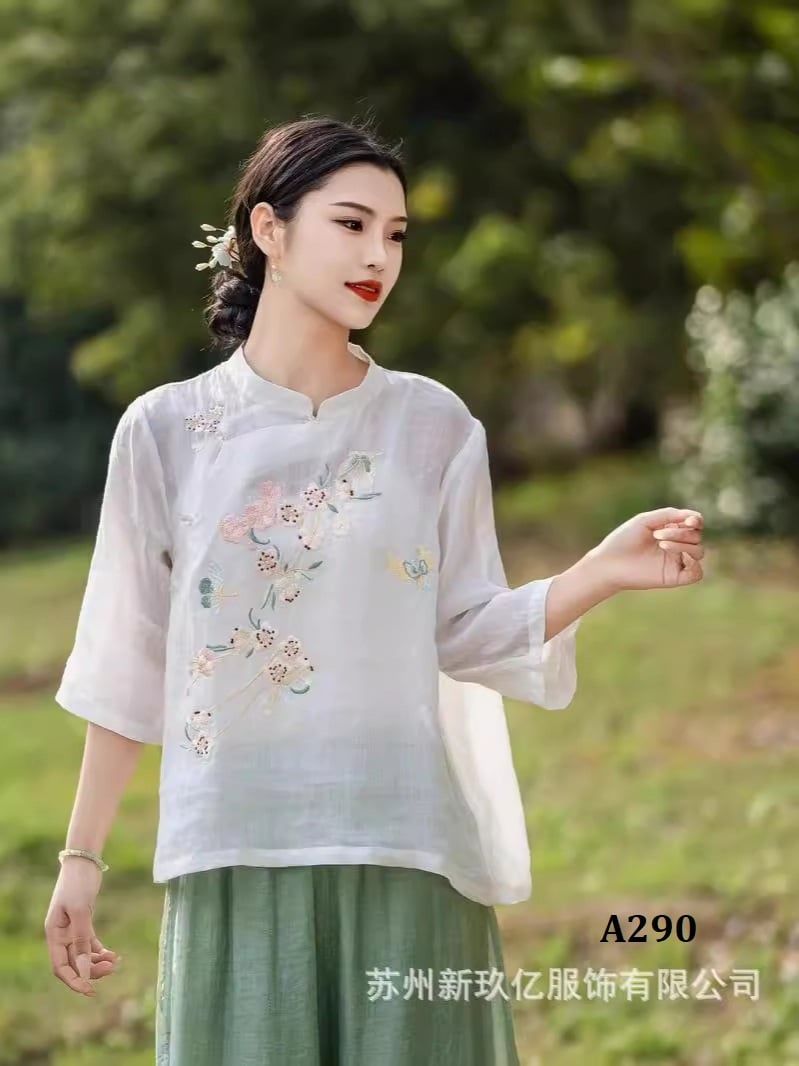  A290-Áo Ramie Thêu Hoa Cổ Lãnh Tụ 