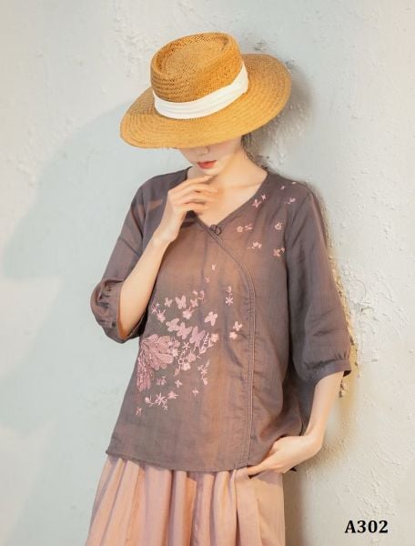  A302-Áo Ramie Thêu Bướm Hoa 