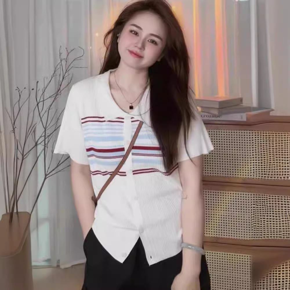  A448-Áo Len Dệt Kim Kẻ Sọc Kiểu Sơ Mi 