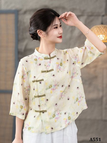  A551-Áo Ramie Hoa Lá Nút Kết 