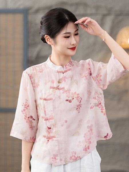  A551-Áo Ramie Hoa Lá Nút Kết 